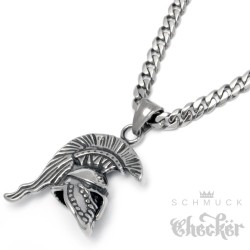 Antiker Helm Anhänger aus Edelstahl mit Halskette Troja Gladiator silber Panzerkette