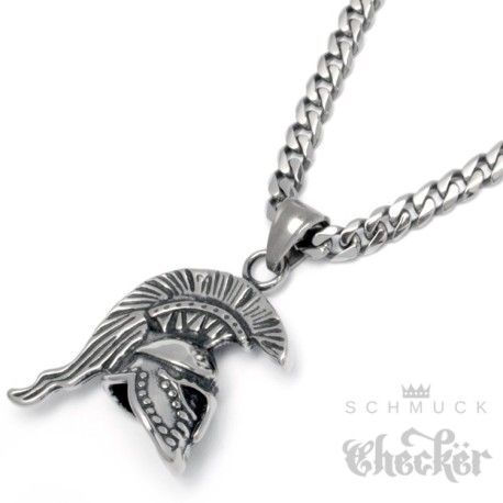 Antiker Helm Anhänger aus Edelstahl mit Halskette Troja Gladiator silber Panzerkette