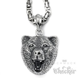Bär Anhänger aus Edelstahl mit Königskette silber Männer Halskette Bikerschmuck Balu