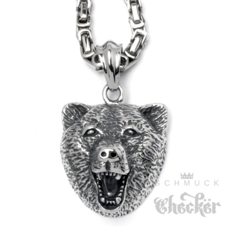 Bär Anhänger aus Edelstahl mit Königskette silber Männer Halskette Bikerschmuck Balu