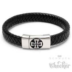 Schwarzes Lederarmband mit Eisernem Kreuz geflochten Edelstahl Ritterkreuz Biker