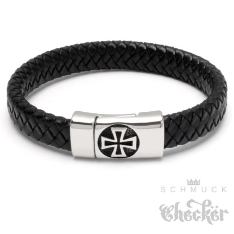 Schwarzes Lederarmband mit Eisernem Kreuz geflochten Edelstahl Ritterkreuz Biker