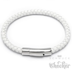 Weißes Armband aus echtem Leder mit Edelstahl Verschluss geflochten 6mmØ