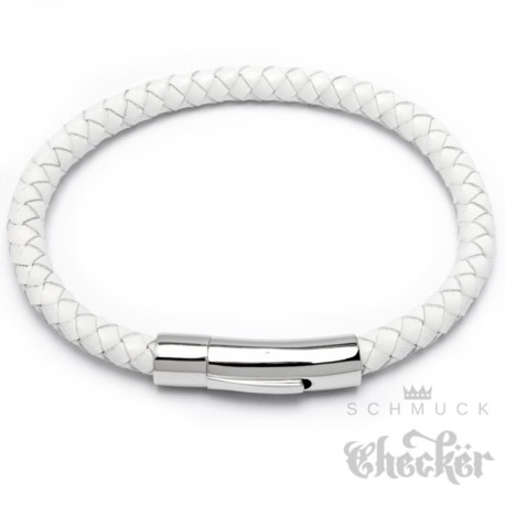 Weißes Armband aus echtem Leder mit Edelstahl Verschluss geflochten 6mmØ
