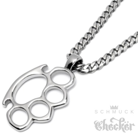 Hochwertiger Schlagring Anhänger aus Edelstahl mit Panzerkette Halskette Männerschmuck