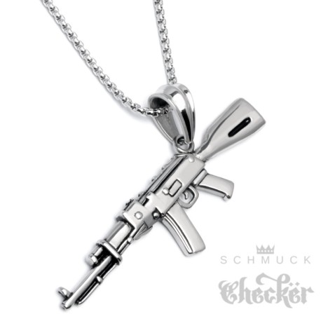 Kalaschnikow AK-47 Anhänger aus Edelstahl mit Halskette Maschinengewehr Waffe Schmuck