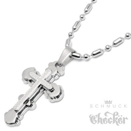 Edelstahl Anhänger kleines verziertes heiliges Kreuz + 60cm Kugelkette