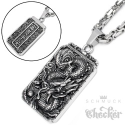 Asiatischer Glücksbringer Drache Anhänger aus Edelstahl großes DogTag Königskette