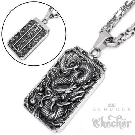 Asiatischer Glücksbringer Drache Anhänger aus Edelstahl großes DogTag Königskette