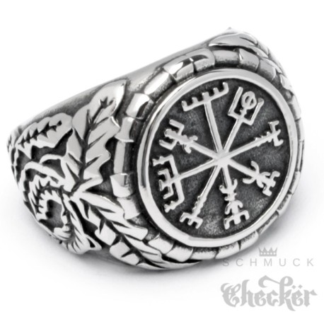 Edelstahl Wikinger Ring nordisch germanisch keltisch Vegvisir Runen-Kompass Bikerring
