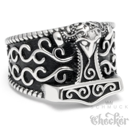 Winkingerring aus Edelstahl mit Mjölnir Thors Hammer Herren Ring massiv silber