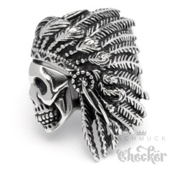 Edelstahl Ring Totenkopf mit Federschmuck Indianer Männer Geschenk Silber Bikerring