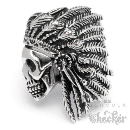 Edelstahl Ring Totenkopf mit Federschmuck Indianer Männer Geschenk Silber Bikerring