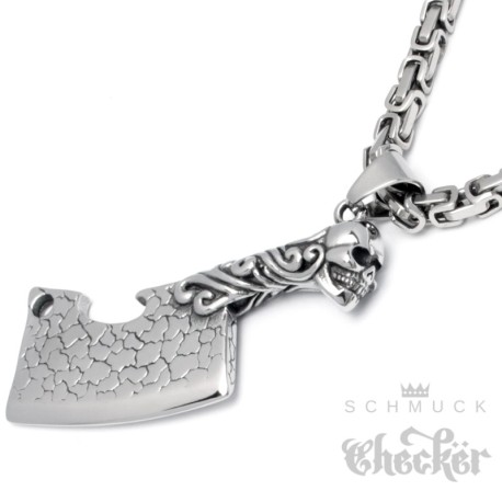 Fleischer Beil Anhänger mit Königskette Totenkopf Skull Hackbeil Kette Flaschenöffner