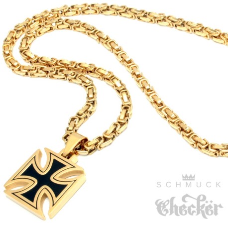 Eisernes Kreuz Anhänger aus Edelstahl schwarz gold massiv + 60cm Königskette Biker