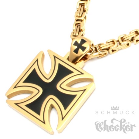 Eisernes Kreuz Anhänger aus Edelstahl schwarz gold massiv + 60cm Königskette Biker