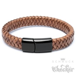 Lederarmband für Herren braun mit schwarzem Edelstahlverschluss geflochten hochwertig