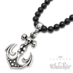 Onyx Perlen Halskette Anker Anhänger Totenköpfe Edelstahl schwarz matt Achat Beads
