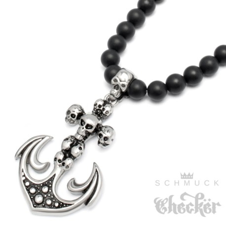 Onyx Perlen Halskette Anker Anhänger Totenköpfe Edelstahl schwarz matt Achat Beads