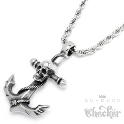 Massiver Anker Anhänger aus Edelstahl mit Totenkopf und 60cm Kordelkette Seemann Kette