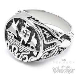 Edelstahl Ring mit Schiff und 2 riesen Kraken Oktopuss Seefahrer Siegelring silber
