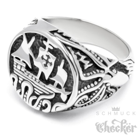 Edelstahl Ring mit Schiff und 2 riesen Kraken Oktopuss Seefahrer Siegelring silber