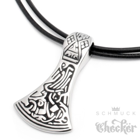 Edelstahl Anhänger keltisch germanisch Beil Axt Thor Hammer silber 1m Lederband