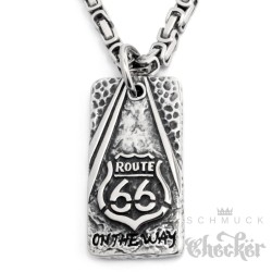 Edelstahl DogTag Route 66 Anhänger On The Way silber Königskette Bikerschmuck
