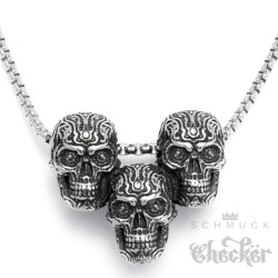 3 verzierte Totenköpfe aus Edelstahl mit Halskette silber klein hochwertig Bikerschmuck