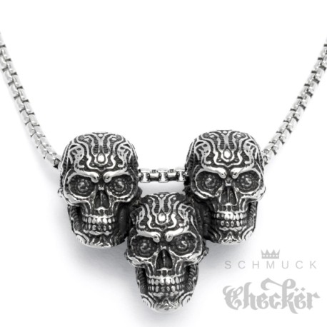 3 verzierte Totenköpfe aus Edelstahl mit Halskette silber klein hochwertig Bikerschmuck