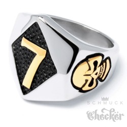 Edelstahl Ring mit Glückszahl Lucky 7 silber & gold Glück Totenkopf Biker