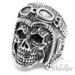 XL Totenkopf Ring mit Retro Motorradhelm aus Edelstahl großer Skull Bikerring
