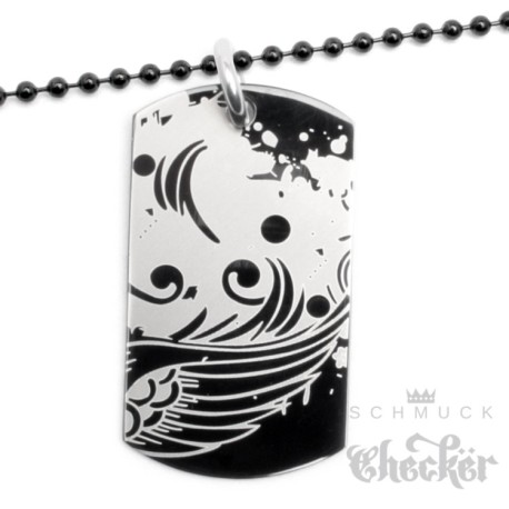 Edelstahl Dog Tag Erkennungsmarke hochwertig schwarz Graf­fi­ti Flügel 60cm Kette