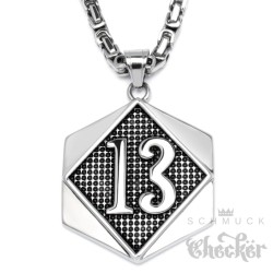 XL Glückszahl Lucky 13 Dreizehn-Anhänger aus massivem Edelstahl silber Königskette