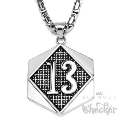 XL Glückszahl Lucky 13 Dreizehn-Anhänger aus massivem Edelstahl silber Königskette