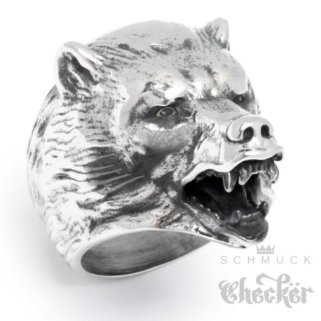 Massiver Edelstahl Ring silber hochwertig Bär Bärenkopf Grizzly Biker Indianer