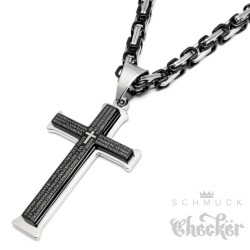 Kreuz aus Edelstahl mit Königskette in silber & schwarz Edelstahl Anhänger Kette