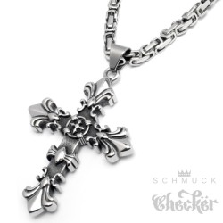 Lilien Kreuz Anhänger aus Edelstahl 316L silber Fleur de Lis Königskette Halskette
