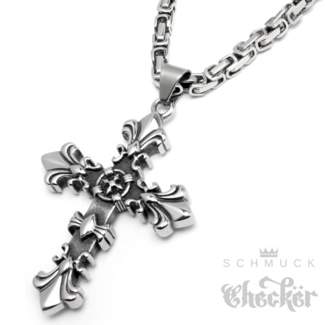 Lilien Kreuz Anhänger aus Edelstahl 316L silber Fleur de Lis Königskette Halskette