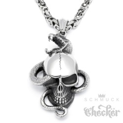 Edelstahl Ketten Anhänger detailliert silber Totenkopf Schlange & Vogel + Kette
