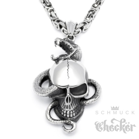 Edelstahl Ketten Anhänger detailliert silber Totenkopf Schlange & Vogel + Kette