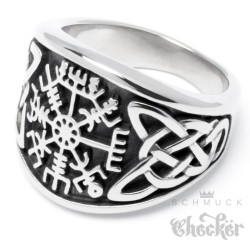 Wikingerring mit Runen-Kompass Vegvisir nordischer Ring Edelstahl silber hochwertig