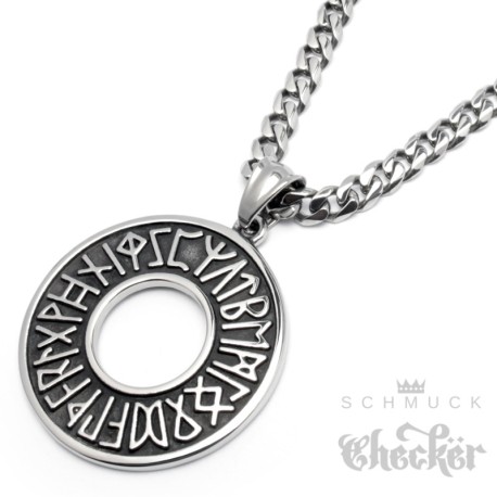 Edelstahl Anhänger Schutz Runen Futhark Wikinger Amulett Herren Schmuck Halskette
