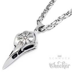 Rabenschädel mit Vegvisir Anhänger aus Edelstahl Hugin Munin Wikinger Königskette