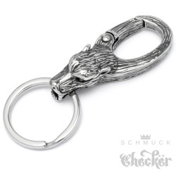 Edelstahl Wolf Karabinerhaken mit Schlüsselring Schlüsselanhänger silber Bikerschmuck