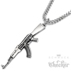 AK-47 Anhänger aus Edelstahl mit 60cm Halskette silber Maschinengewehr Sturmgewehr