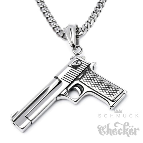 Edelstahl Anhänger Pistole Magnum Desert Eagle + 60cm Panzerkette