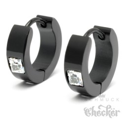 Schwarze Klapp-Creolen mit Zirkonia Ohrringe aus Edelstahl schmal poliert 13mm Ø