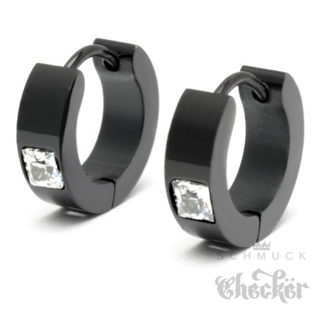 Schwarze Klapp-Creolen mit Zirkonia Ohrringe aus Edelstahl schmal poliert 13mm Ø
