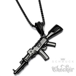 Schwarze Kalaschnikow AK-47 Anhänger aus Edelstahl mit Halskette Maschinengewehr Schmuck